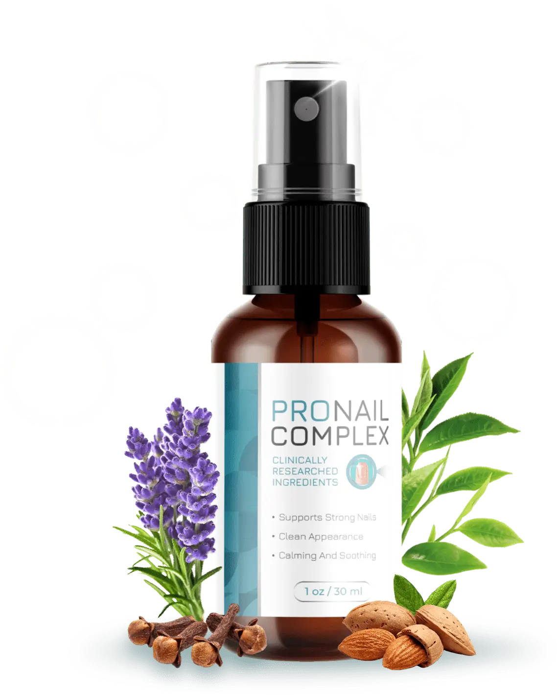 ProNail Complex nail health spray bottle with lavender, clove, almond, and herbal plant ingredients displayed around it.